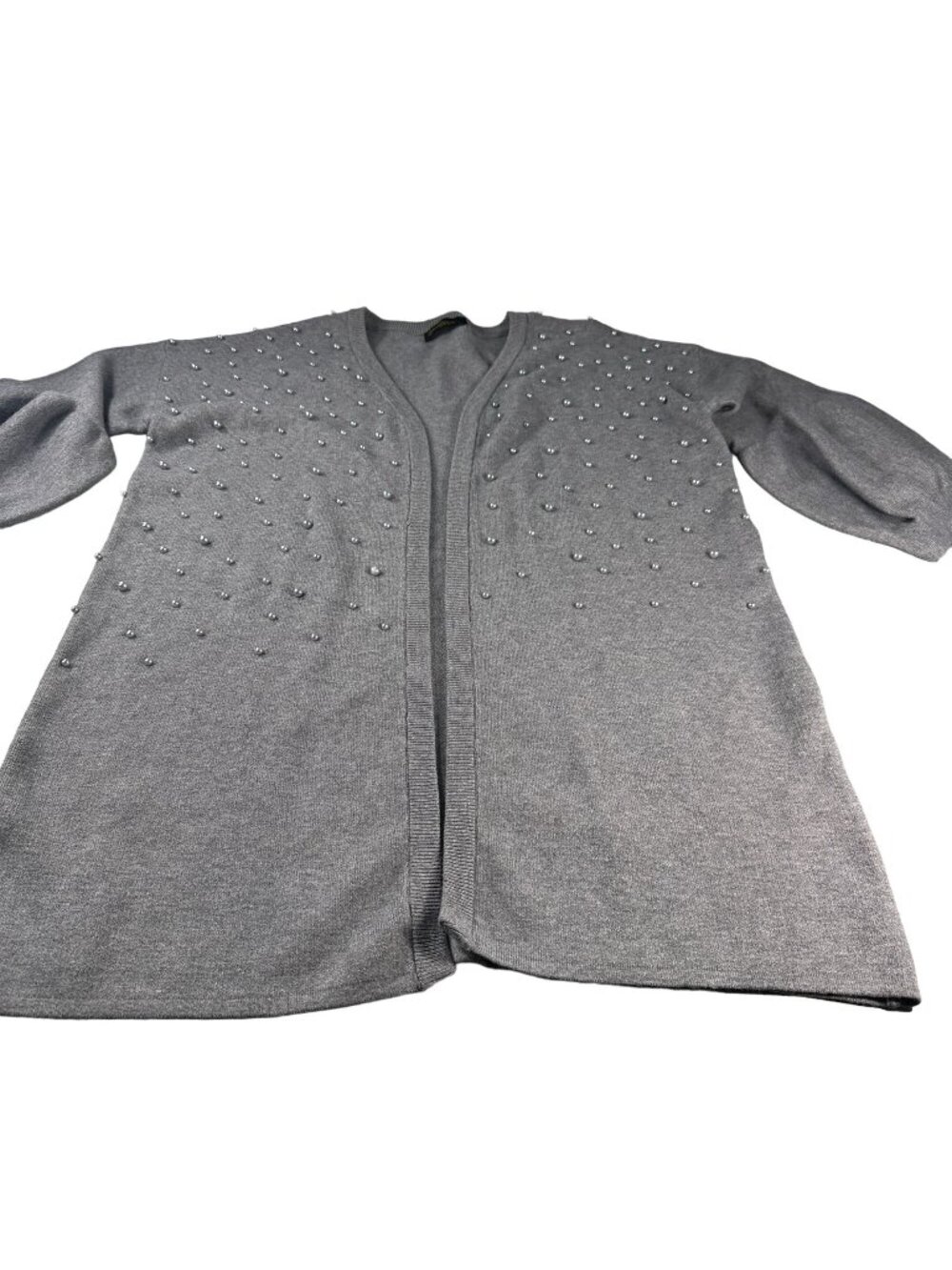 Christine Phillipe Pearl Studded Cardigan Women Sweater Balloon Sleeve Knit Grey